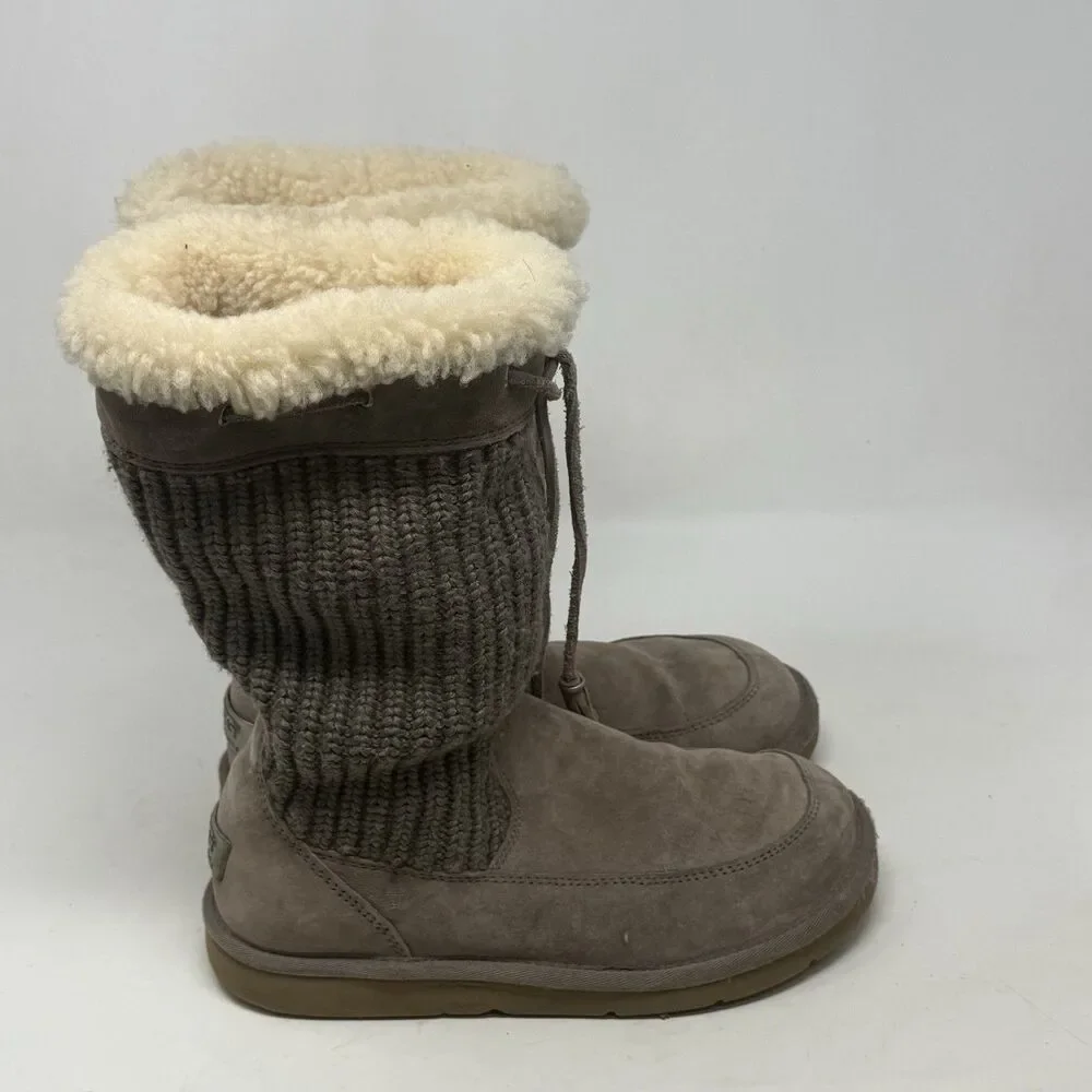UGG Suburb Shearling Knitted Boots Womens 8 Sand Brown Suede Leather Mid Calf